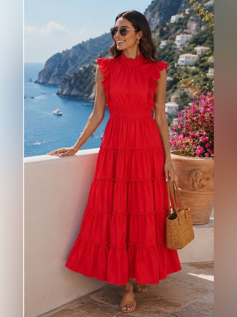 AQUA Red Tiered Maxi Dress XS Bloomingdale's Exclusive Resortwear